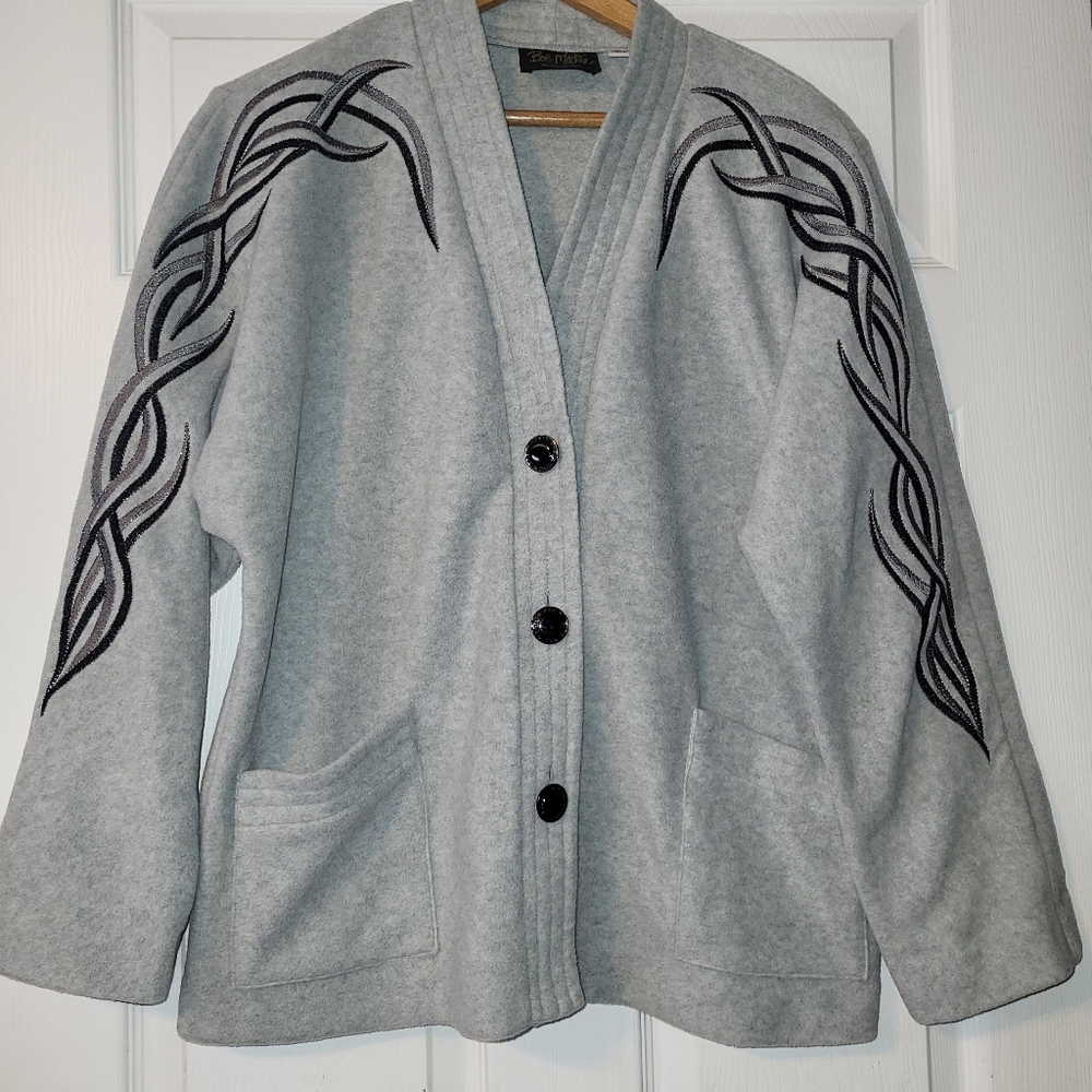 Bob Mackie Embroidered Dolman Sleeve‎ Fleece Cardigan Women's Size Medium Gray